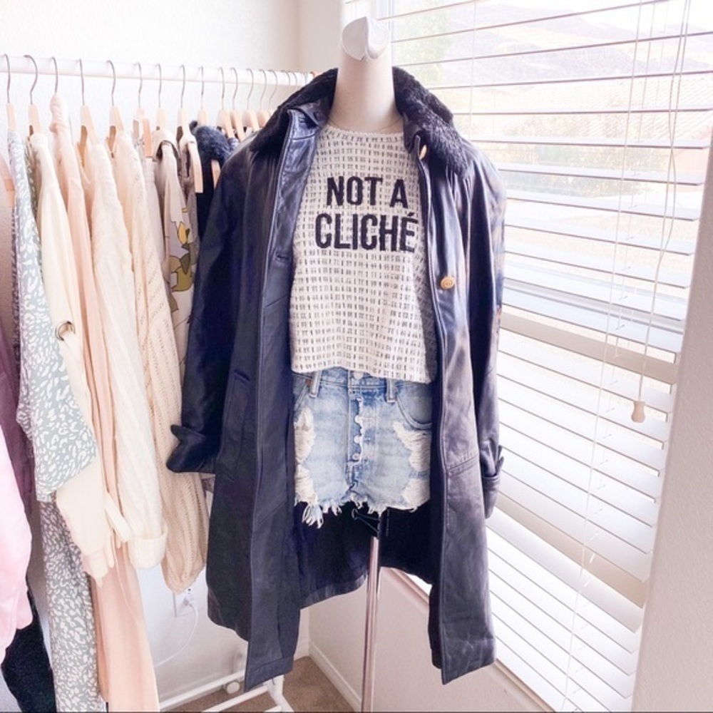 LNR Genuine Black Leather Faux Fur Trim Trench Coat